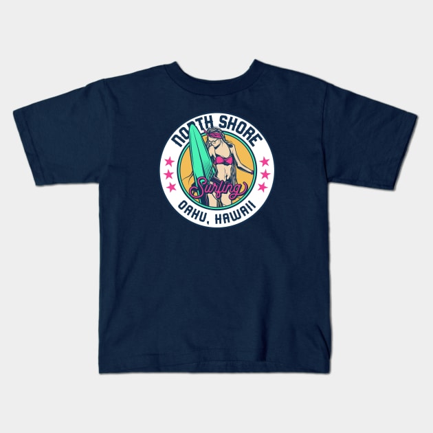 Retro Surfer Babe Badge North Shore Oahu Hawaii Kids T-Shirt by Now Boarding